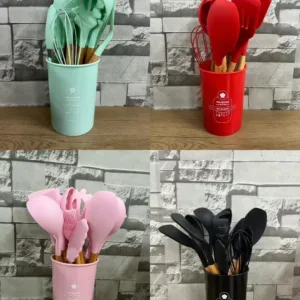 Kit 12 Utensílios Em Silicone E Cabo De Madeira